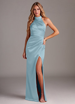 Azazie Jemma Bridesmaid Dresses Moody Blue Sheath Pleated Stretch Satin Dress image1