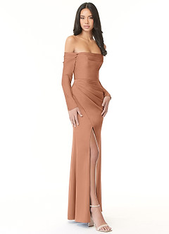 Azazie Hallie Robes de demoiselle d'honneur Robe Fourreau Convertible en Satin extensible Schulterfreies Langarmshirt Bronze image5