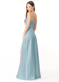 Azazie Halsey Bridesmaid Dresses Moody Blue Sheath Side Slit Stretch Satin Dress image5