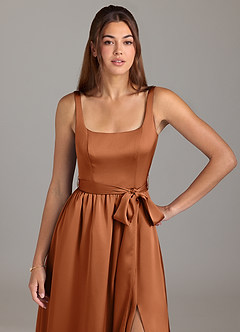 Azazie Elliott Bridesmaid Dresses Copper A-Line with Pockets Stretch Satin Dress image2