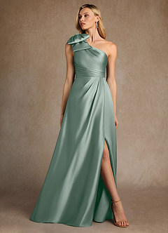 Azazie Easton Mère de la mariée Robes Robe Trapèze en Satin extensible Une épaule Sauge D'argent image4