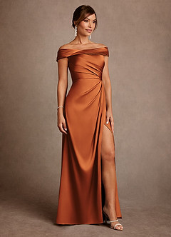 Azazie Bedford Mother of the Bride Dresses Cinnamon Sheath Pleated Stretch Satin Dress image4