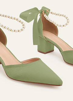 front Matching Color Matte Satin Pearl and Bow Pointed Toe Block Heels