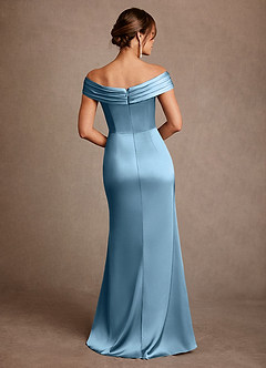 Azazie Bedford Mother of the Bride Dresses Steel Blue Sheath Pleated Stretch Satin Dress image3