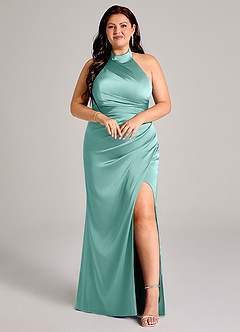 Azazie Jemma Vestidos de damas de honor Vestido de Aqua de Satén Elástico de Corte Recto con Plisado image7
