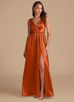 Azazie Tanicia Bridesmaid Dresses Burnt Orange A-Line Pleated Metallic Satin Dress image1