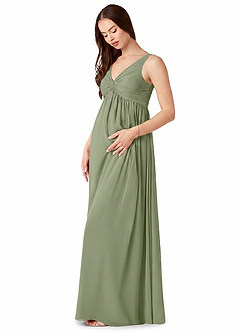 Azazie Yetta Maternity Bridesmaid Dresses A-Line V-Neck Gathered Chiffon Floor-Length Dress image4