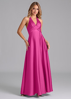 Azazie Tessie Bridesmaid Dresses Fuchsia A-Line Pleated Stretch Satin Dress image5