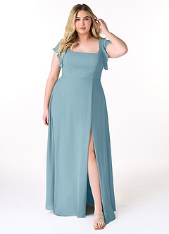 Azazie Bondi Robes de demoiselle d'honneur Robe Trapèze en Mousseline de soie Volant Bleu Maussade image7