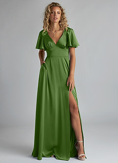 Azazie Kimber Bridesmaid Dresses Basil A-Line Ruched Stretch Satin Dress image7