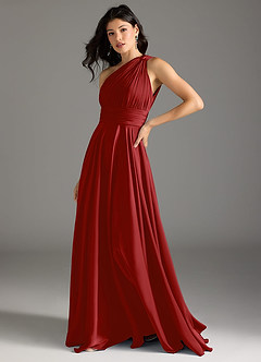Azazie Charlize Bridesmaid Dresses Pomegranate A-Line One Shoulder Stretch Satin Dress image4