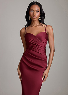Azazie Jasmyn Bridesmaid Dresses Burgundy Sheath Strapless Stretch Satin Dress image2