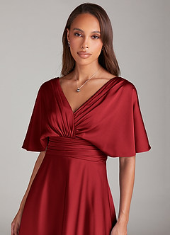 Azazie Pamela Robes de demoiselle d'honneur Robe Trapèze en Satin extensible Plissée Écarlate image5