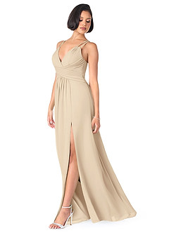 Azazie Farren Bridesmaid Dresses Champagne A-Line Pleated Chiffon Convertible Dress image3