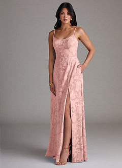 Azazie Moira Bridesmaid Dresses Powder Pink A-Line Side Slit Floral Burnout Dress image3