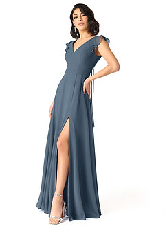 Azazie Claudine Schlussverkauf A-Linie Flatterhülse Chiffon Kleid Neptunblau image3