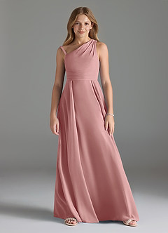 Azazie Dallas Junior A라인 주름진 쉬폰 플로어 길이 주니어 신부 들러리 드레스 image1