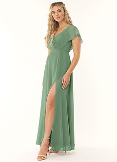 Azazie Rylee At-home Try On Dresses Dusty Sage A-Line Pleated Chiffon Dress image3