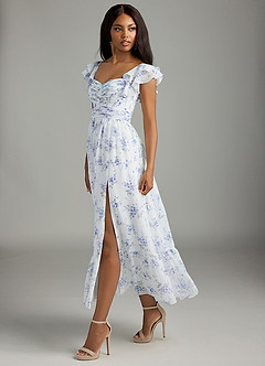 Azazie Anaya Bridesmaid Dresses Blue Cottage Floral A-Line Pleated Chiffon Dress image3