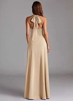 Azazie Myra Bridesmaid Dresses Champagne A-Line Side Slit Stretch Satin Dress image6