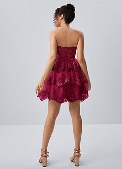 Liaorde Burgund Minikleid aus Spitze, Pailletten, Stickerei, Rüschen, A-Linie, Korsett image5