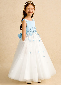 Azazie Eleni Flower Girl Dresses Ivory Sky Blue Ball-Gown Bow Tulle Dress image3