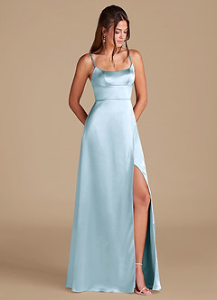 Azazie Halsey Robes de demoiselle d'honneur Robe Trapèze en Satiné métallisé Fente Latérale Bleu Ciel image1