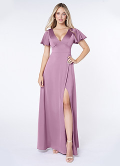 Azazie Lani Bridesmaid Dresses Wisteria A-Line Flounce Sleeve Stretch Satin Dress image1