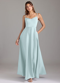 Azazie Marley 신부 들러리 드레스 A라인 오프 더 숄더 스트레치 새틴 바닥 길이 드레스 image1