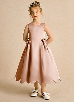 Azazie Macaroon Flower Girl Dresses Champagne Rose Ball-Gown Bow Matte Satin Dress image4