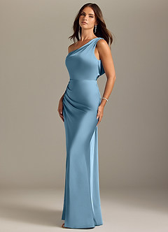 Azazie Madelyn Bridesmaid Dresses Steel Blue Mermaid Off the Shoulder Stretch Satin Convertible Dress image3