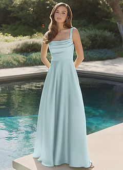 Azazie Shaude Bridesmaid Dresses Mist A-Line Pleated Stretch Satin Dress image4
