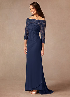 Azazie Rhonda Mother of the Bride Dresses Dark Navy Mermaid Off the Shoulder Mesh Dress image4