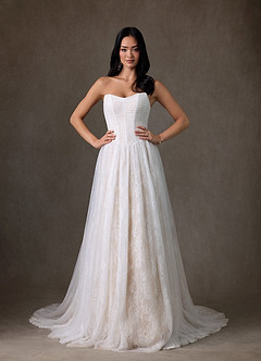 Azazie Adriana At-home Try On Dresses Diamond White Champagne A-Line Strapless Lace Dress image3