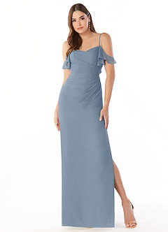 Azazie Emeralda Bridesmaid Dresses Dusty Blue Sheath Off the Shoulder Chiffon Dress image3
