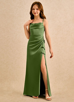Azazie Bundt Girls Formal Robe Demoiselle D'honneur Fillette Robe Trapèze en Satin extensible Plissée Genévrier image4