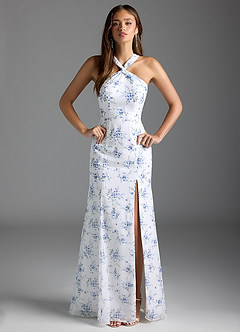 Azazie Rue Bridesmaid Dresses Blue Cottage Floral A-Line Halter Chiffon Dress image2