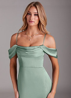Azazie Saige Bridesmaid Dresses Agave Sheath Off the Shoulder Stretch Satin Dress image2