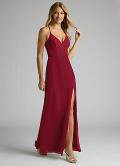Azazie Becca Bridesmaid Dresses Burgundy Sheath V-Neck Chiffon Dress image2
