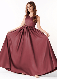 Azazie Hathaway Junior Merlot A-Line Bow Stretch Satin Dress image2