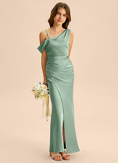 Azazie Madelyn Junior Osłona Zza ramienia Satyna elastyczna Długość podłogi Młodsza druhna Sukienka image4