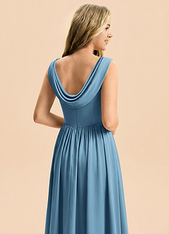 Azazie Cali Junior Steel Blue A-Line Pleated Stretch Satin Dress image5