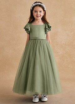 Azazie Suzy Robe Demoiselle D'honneur Fillette Robe Trapèze en Tulle avec manches Pistache image2