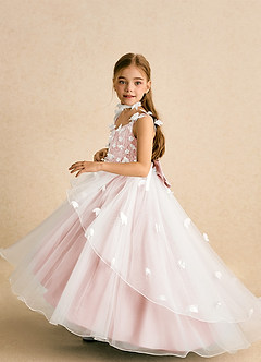 Azazie Darlina Robe Demoiselle D'honneur Fillette Robe Princesse en Tulle Dentelle Ivoire Rose Rougissant image3