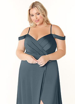 Azazie Ocean Bridesmaid Dresses Twilight A-Line V-Neck Pleated Stretch Satin Dress image10
