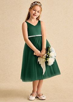 Azazie Firefly Blumenmädchenkleider A-Linie Schleifen Matte Satin Kleid Dunkelgrün image3