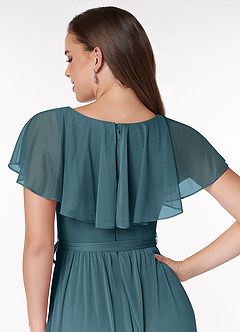Azazie Jael Brautjungfernkleider A-Linie V-Hals Gittergewebe Kleid Bermudablau image6