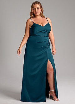 Azazie Azuree Bridesmaid Dresses Ink Blue A-Line Pleated Stretch Satin Dress image12