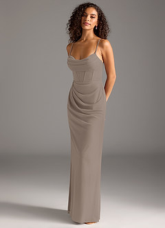 Azazie Mai Bridesmaid Dresses Taupe Sheath Pleated Mesh Dress image1