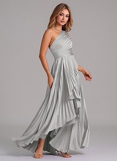 Azazie Lyrica 신부 들러리 드레스 A라인 한쪽 어깨 스트레치 새틴 비대칭 드레스 image2